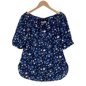 Michael Kors Women's Blue Floral Off the Shoulder Round Hem Blouse Top Size XS